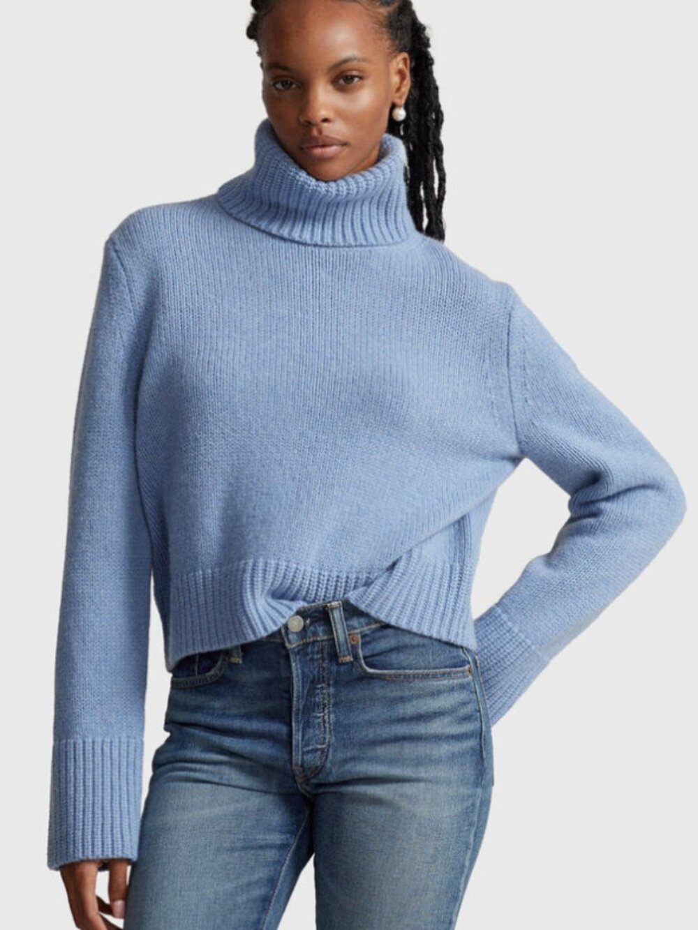RALPH LAUREN Blue Wool and Cashmere Turtleneck Sweater